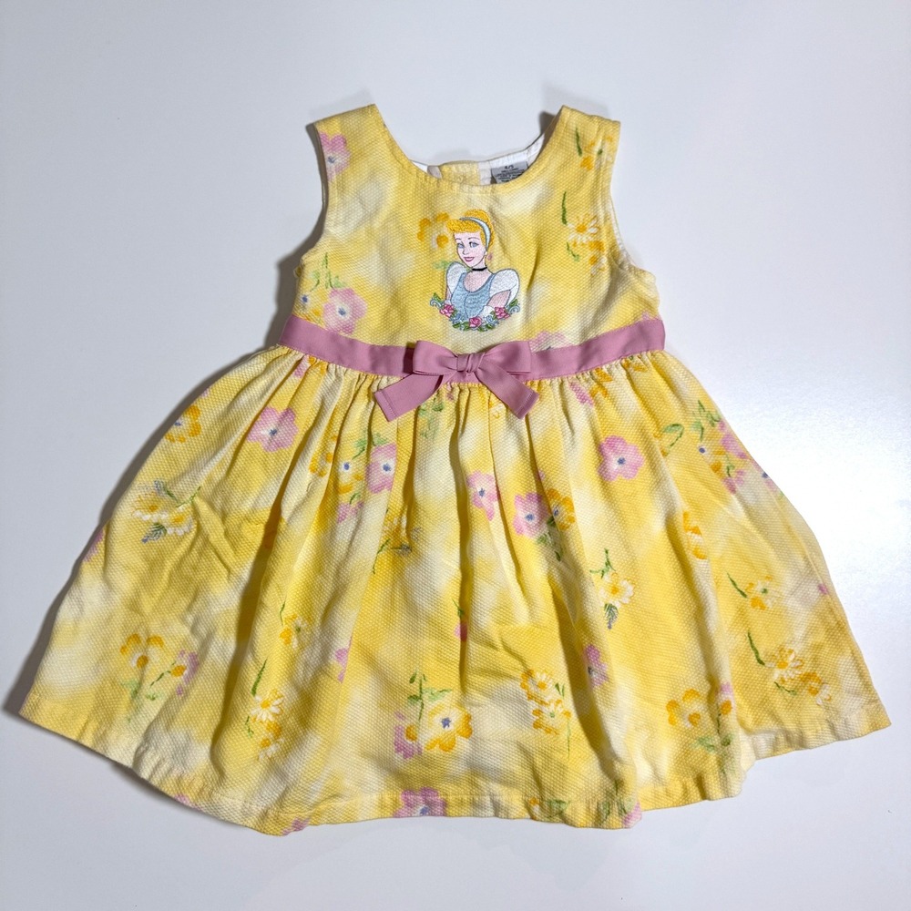 Disney Store 90's VTG Dress 4/5 Yellow Cinderella Embroidered Bow Button Back